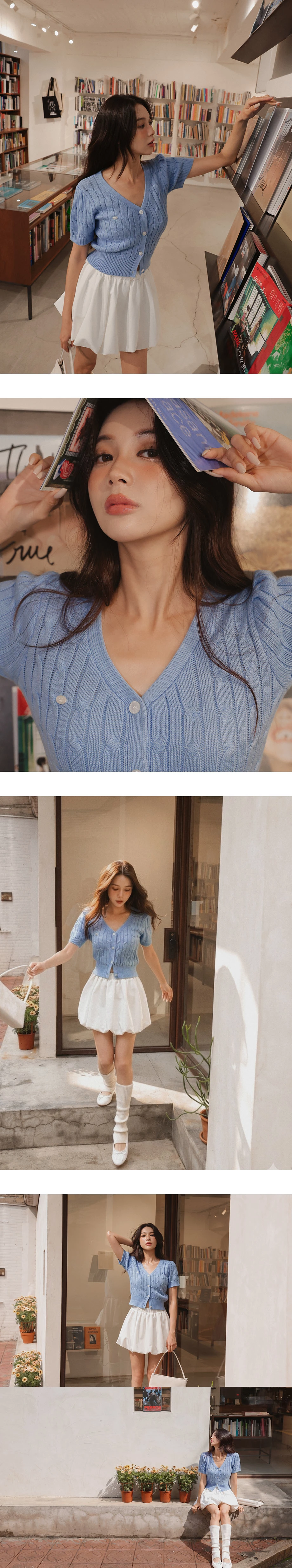 V領排扣短袖短版麻花針織開襟衫