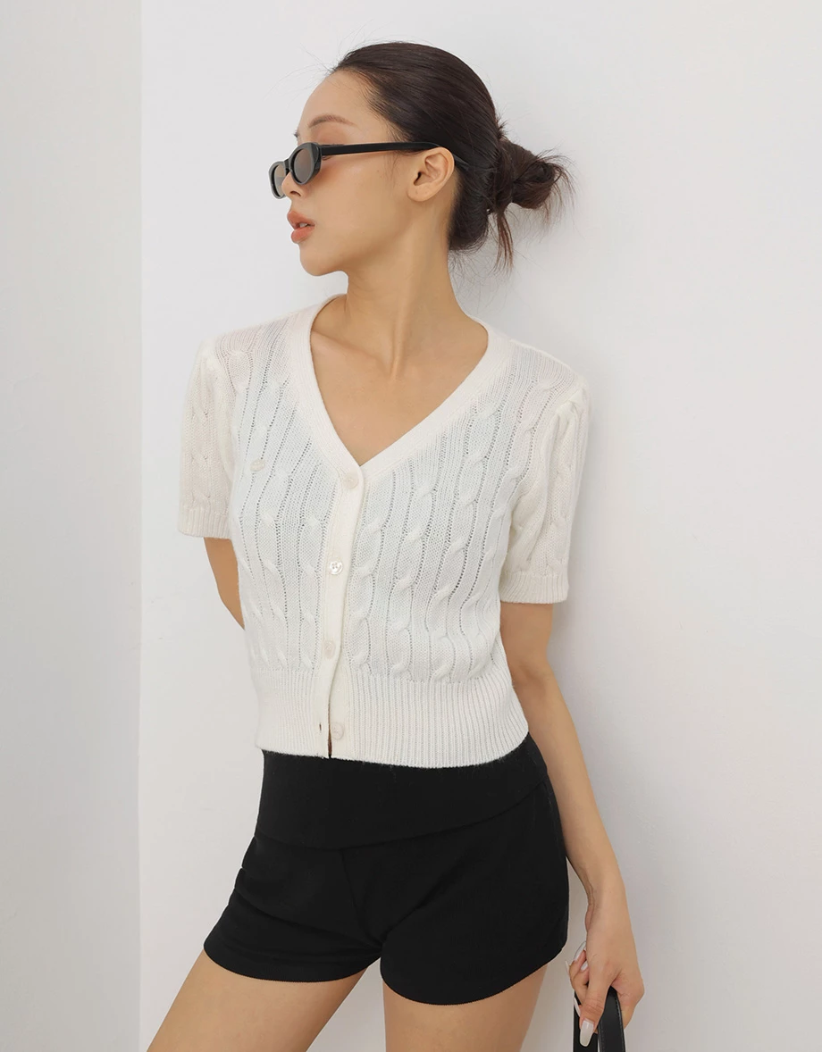 V領排扣短袖短版麻花針織開襟衫