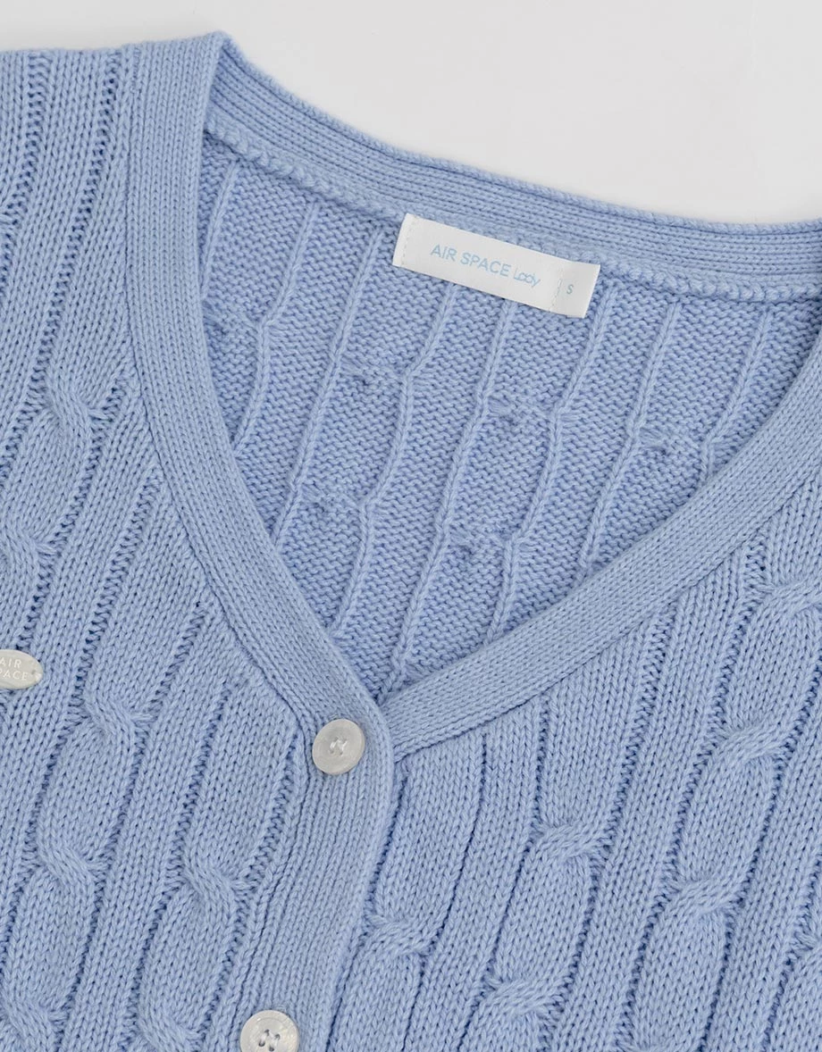 V領排扣短袖短版麻花針織開襟衫