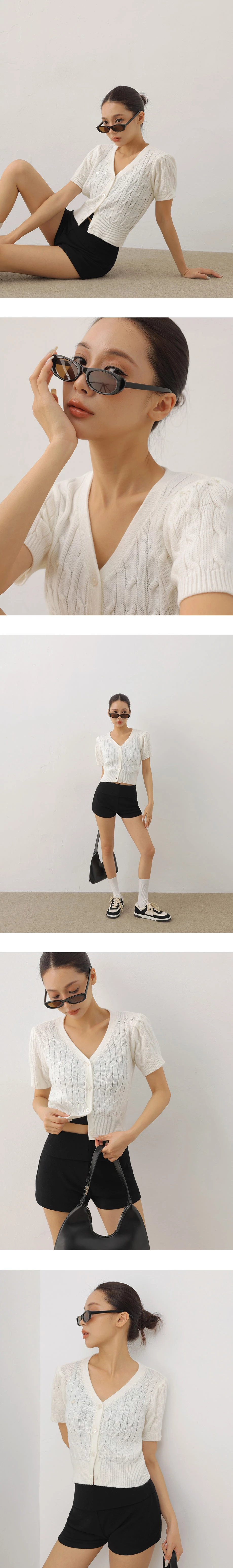 V領排扣短袖短版麻花針織開襟衫