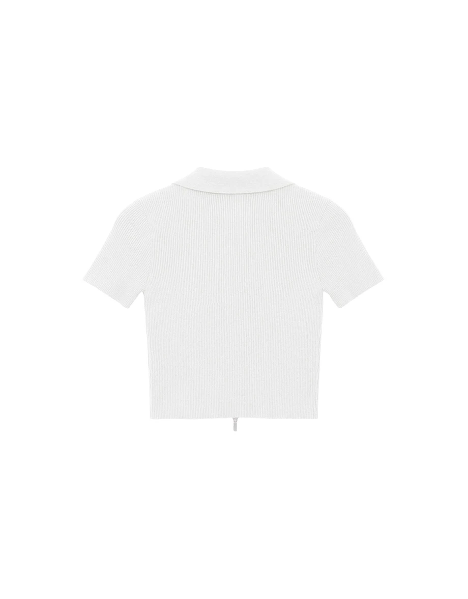 翻領雙向拉鍊短袖短版羅紋針織衫