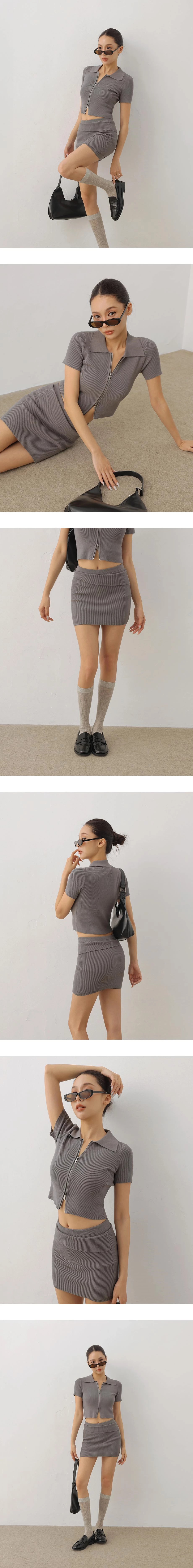 翻領雙向拉鍊短袖短版羅紋針織衫