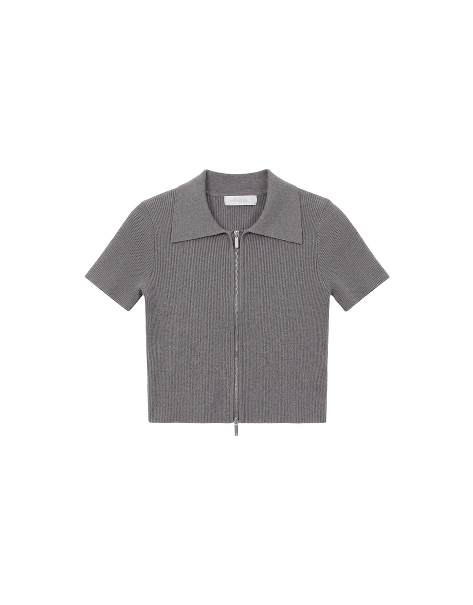 翻領雙向拉鍊短袖短版羅紋針織衫