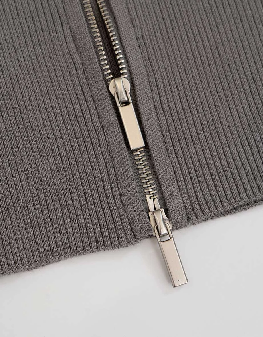 翻領雙向拉鍊短袖短版羅紋針織衫