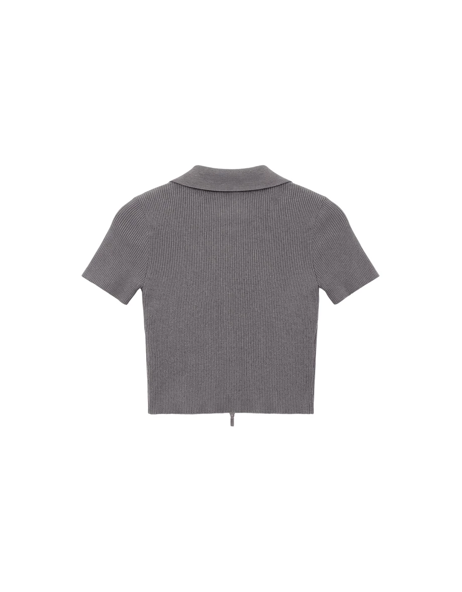 翻領雙向拉鍊短袖短版羅紋針織衫