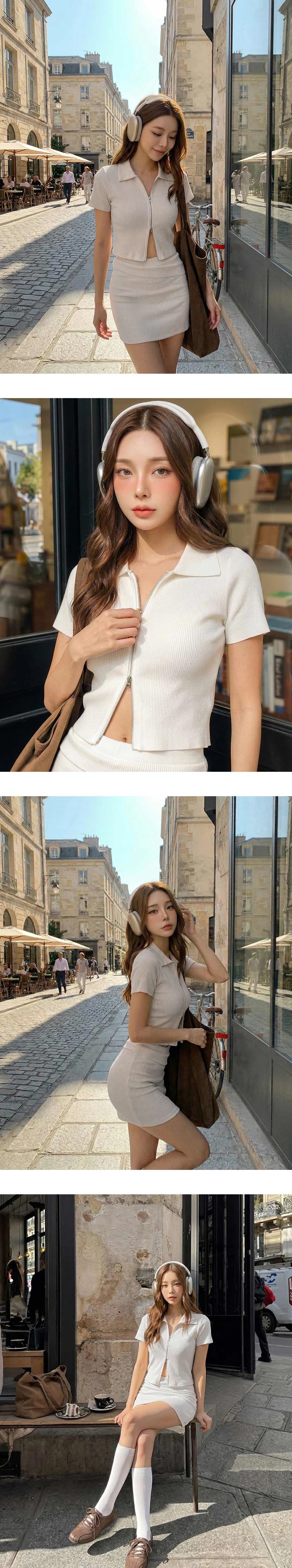 翻領雙向拉鍊短袖短版羅紋針織衫