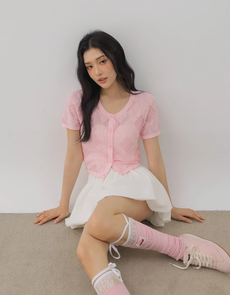 Argyle Hollow Knit Button Down Short Sleeve Top