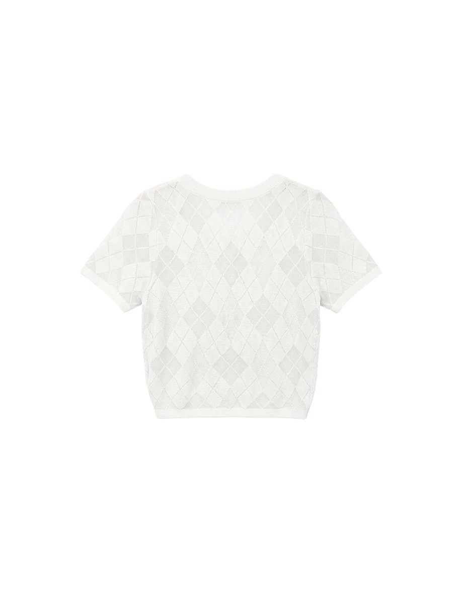 Argyle Hollow Knit Button Down Short Sleeve Top