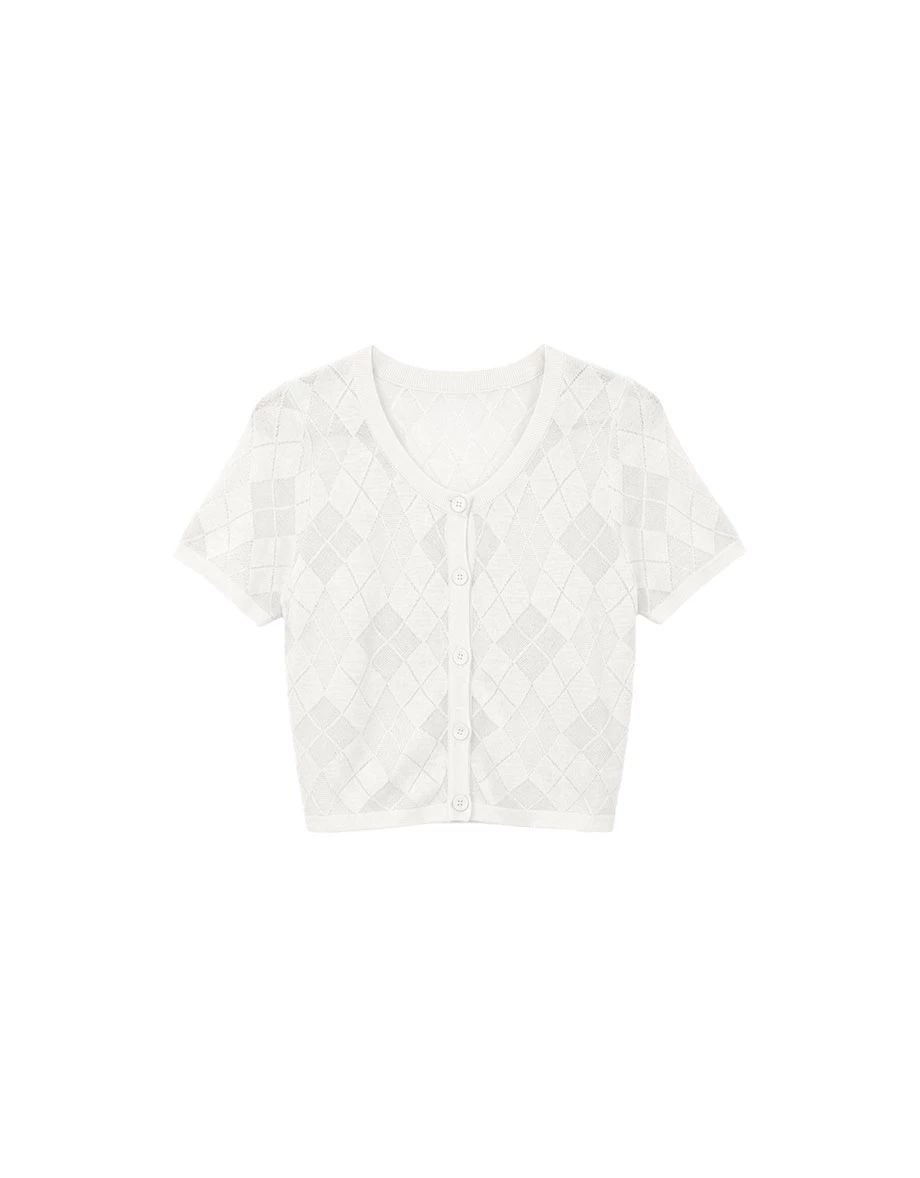 Argyle Hollow Knit Button Down Short Sleeve Top