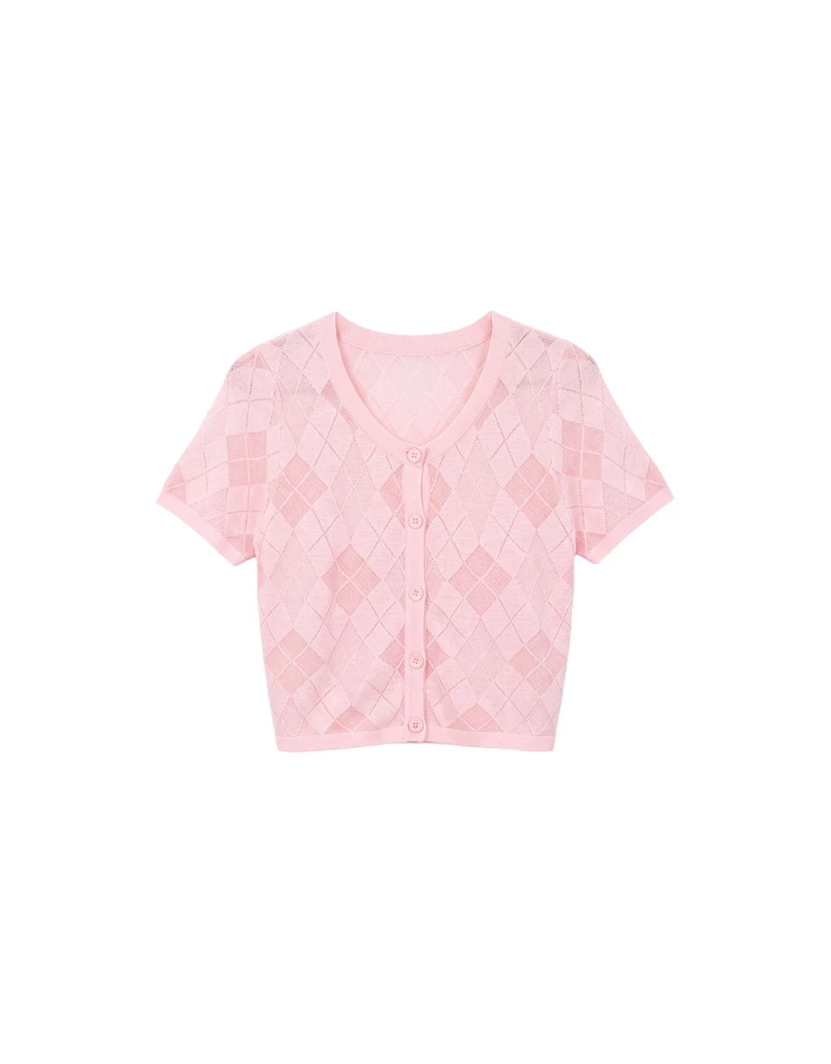 Argyle Hollow Knit Button Down Short Sleeve Top