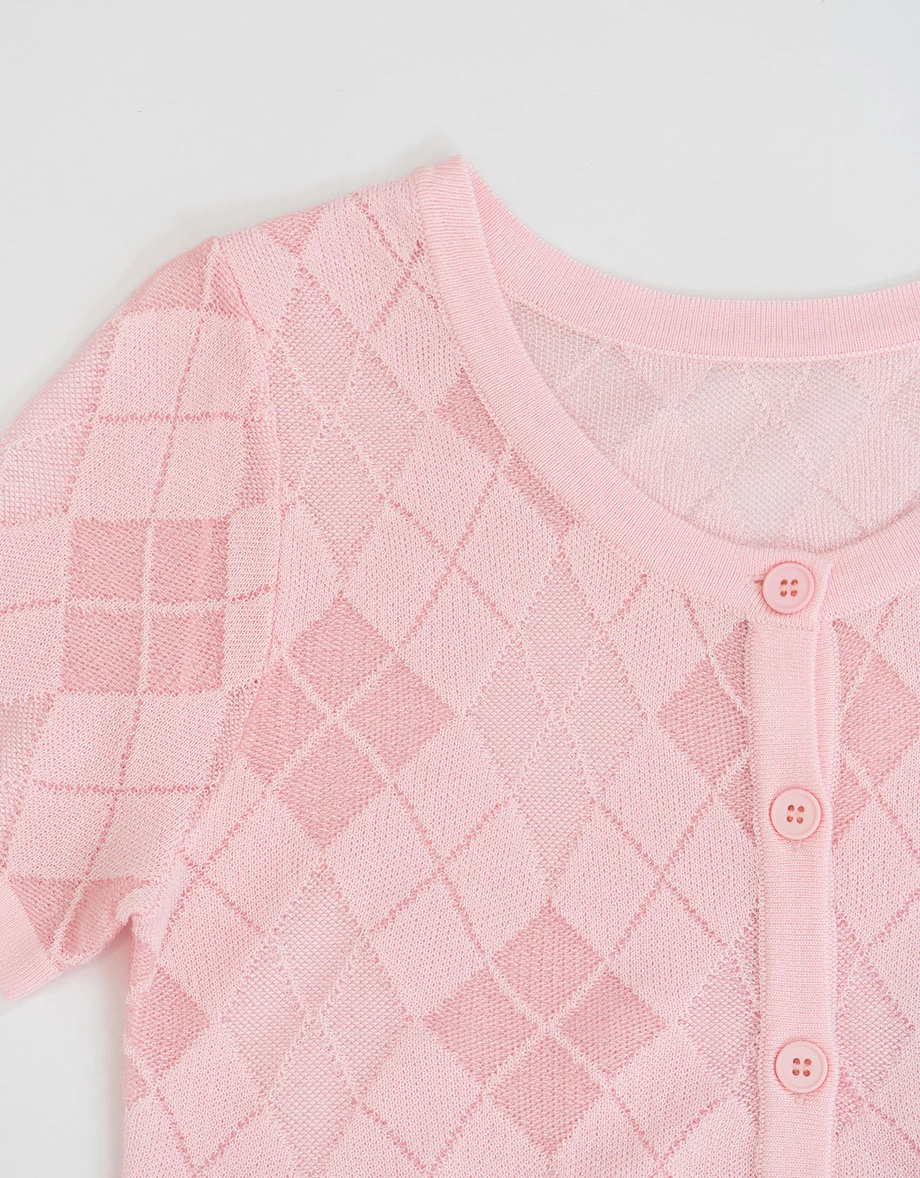 Argyle Hollow Knit Button Down Short Sleeve Top