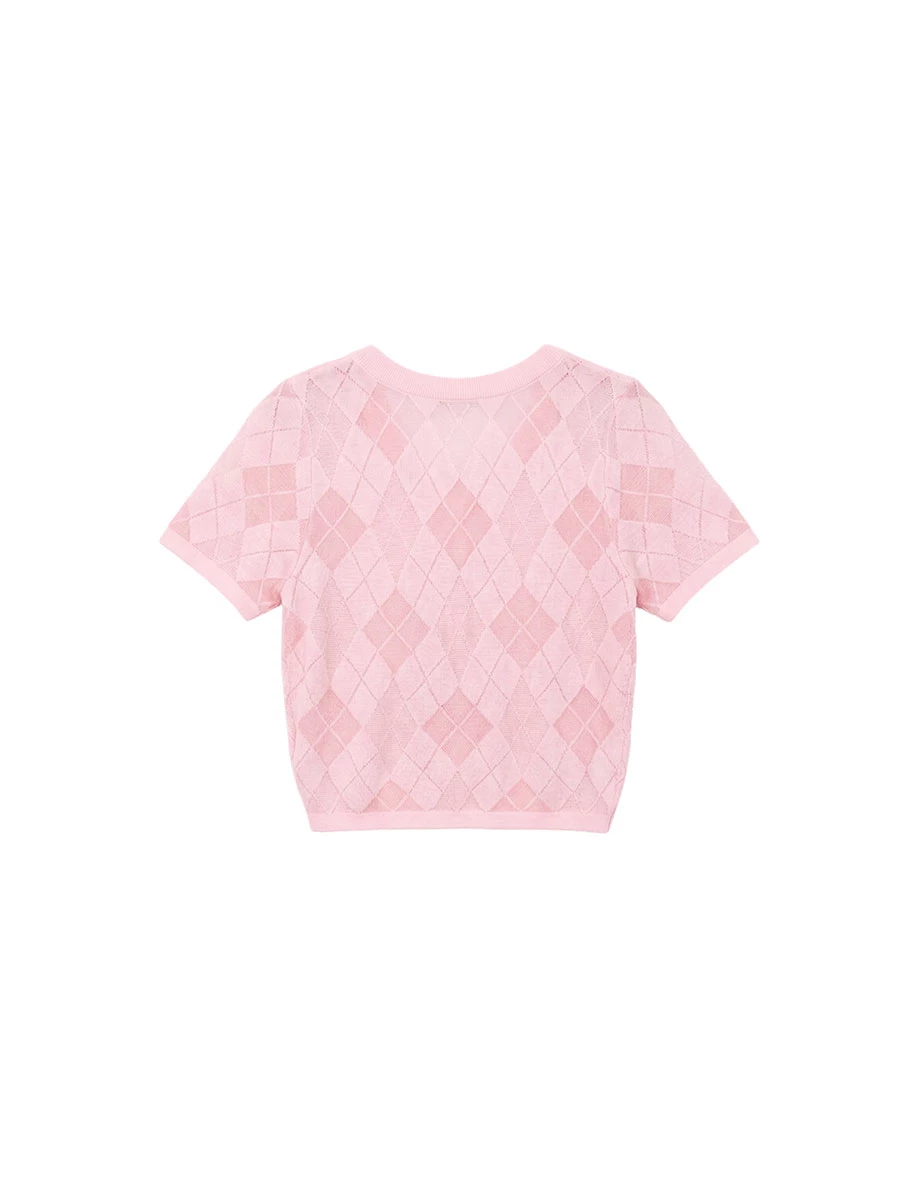 Argyle Hollow Knit Button Down Short Sleeve Top