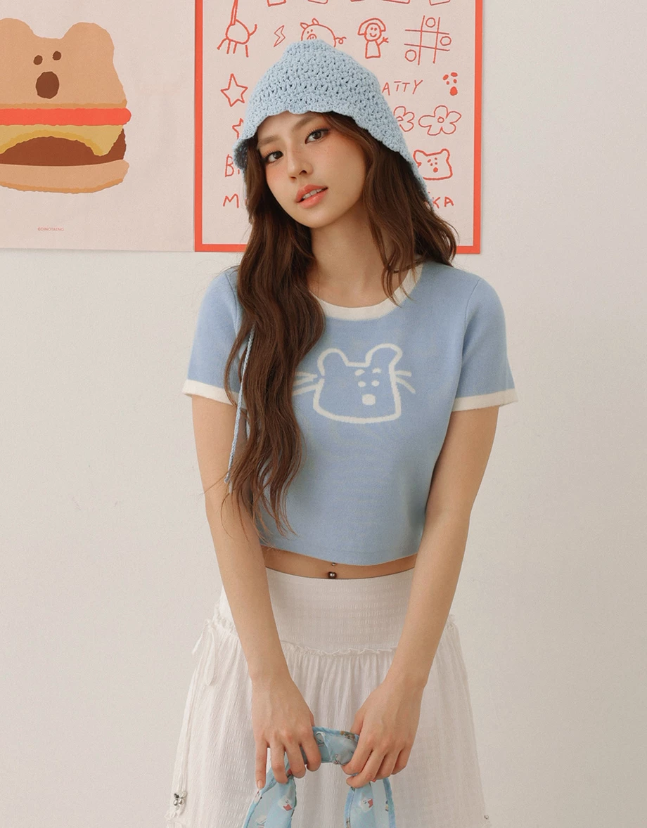 【DINOTAENG】Contrast Trim Knit Crop Top