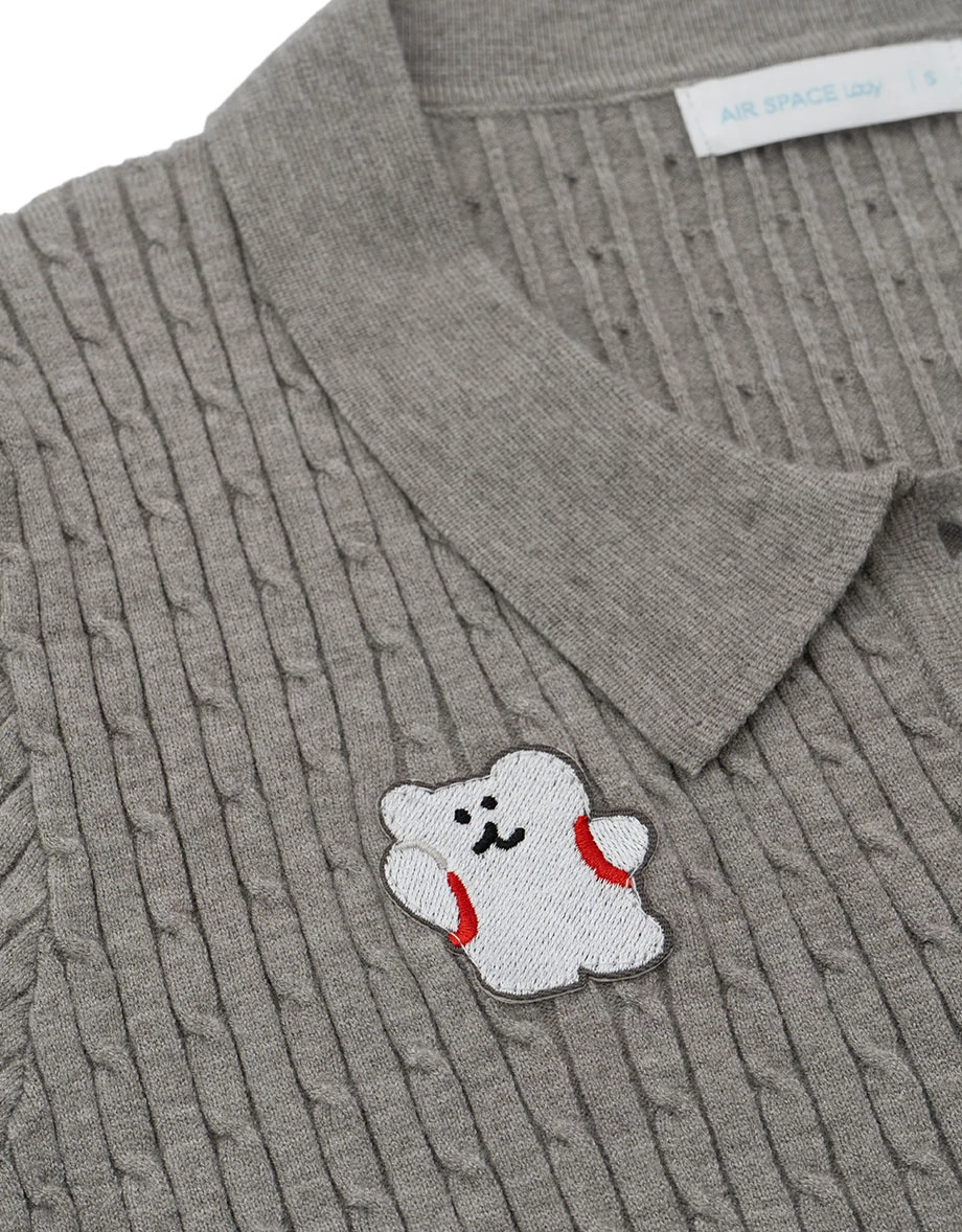 【DINOTAENG】Embroidered Cable Knit Cropped Polo Shirt