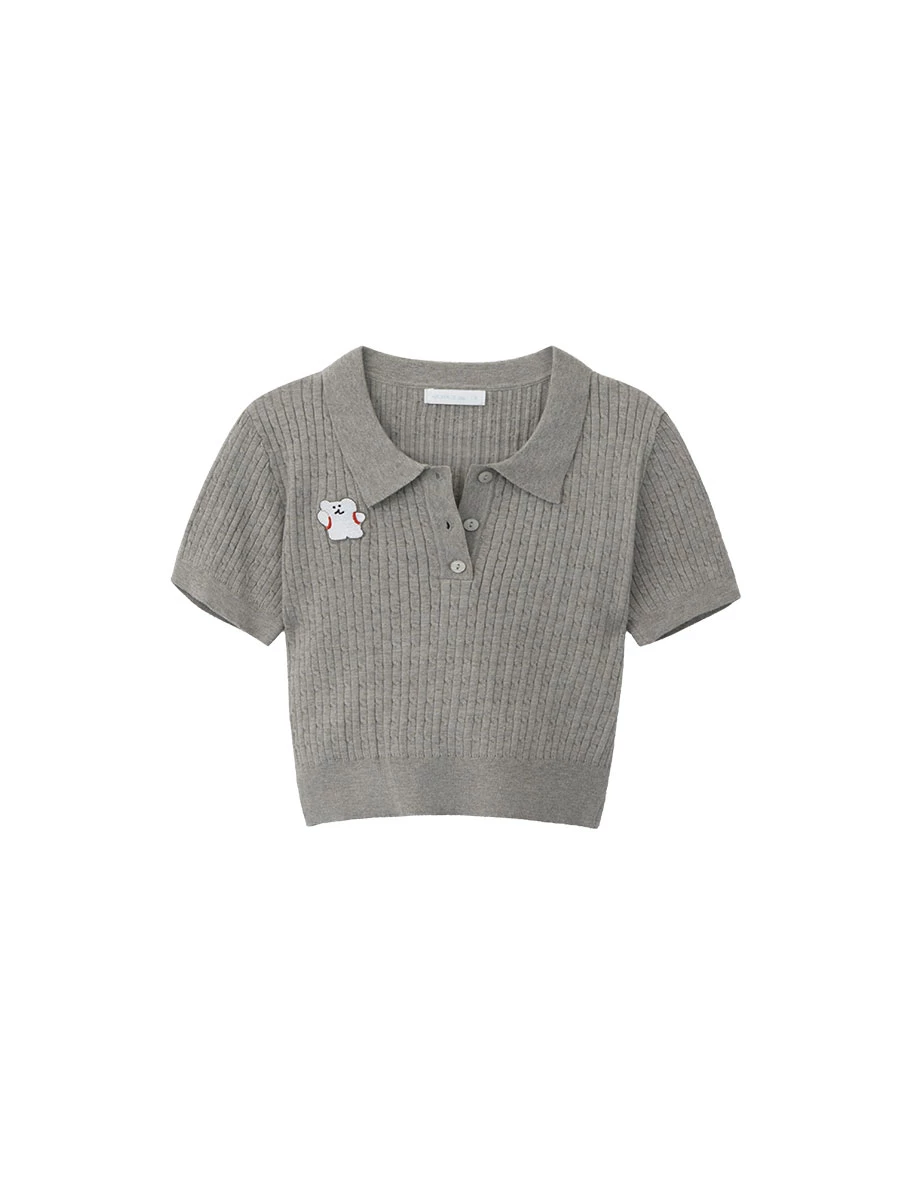 【DINOTAENG】Embroidered Cable Knit Cropped Polo Shirt