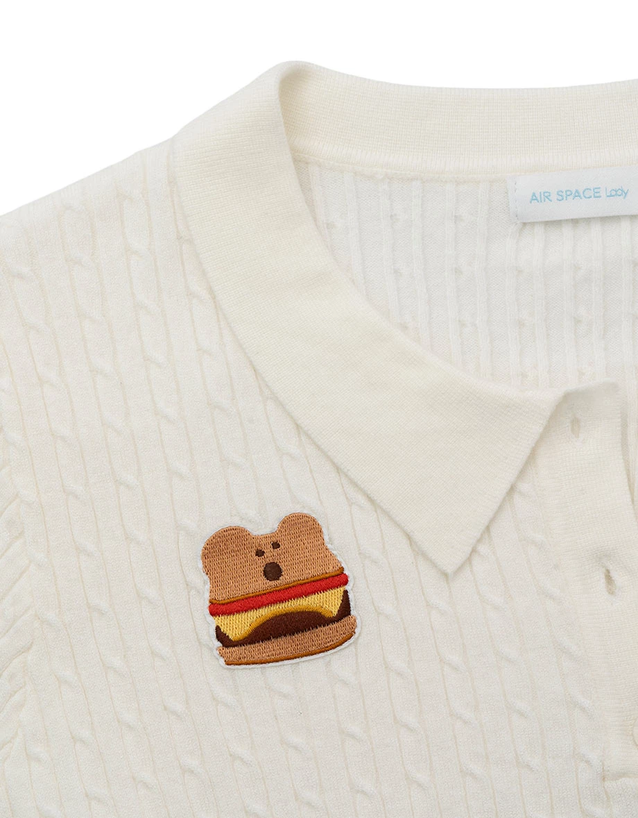 【DINOTAENG】Embroidered Cable Knit Cropped Polo Shirt