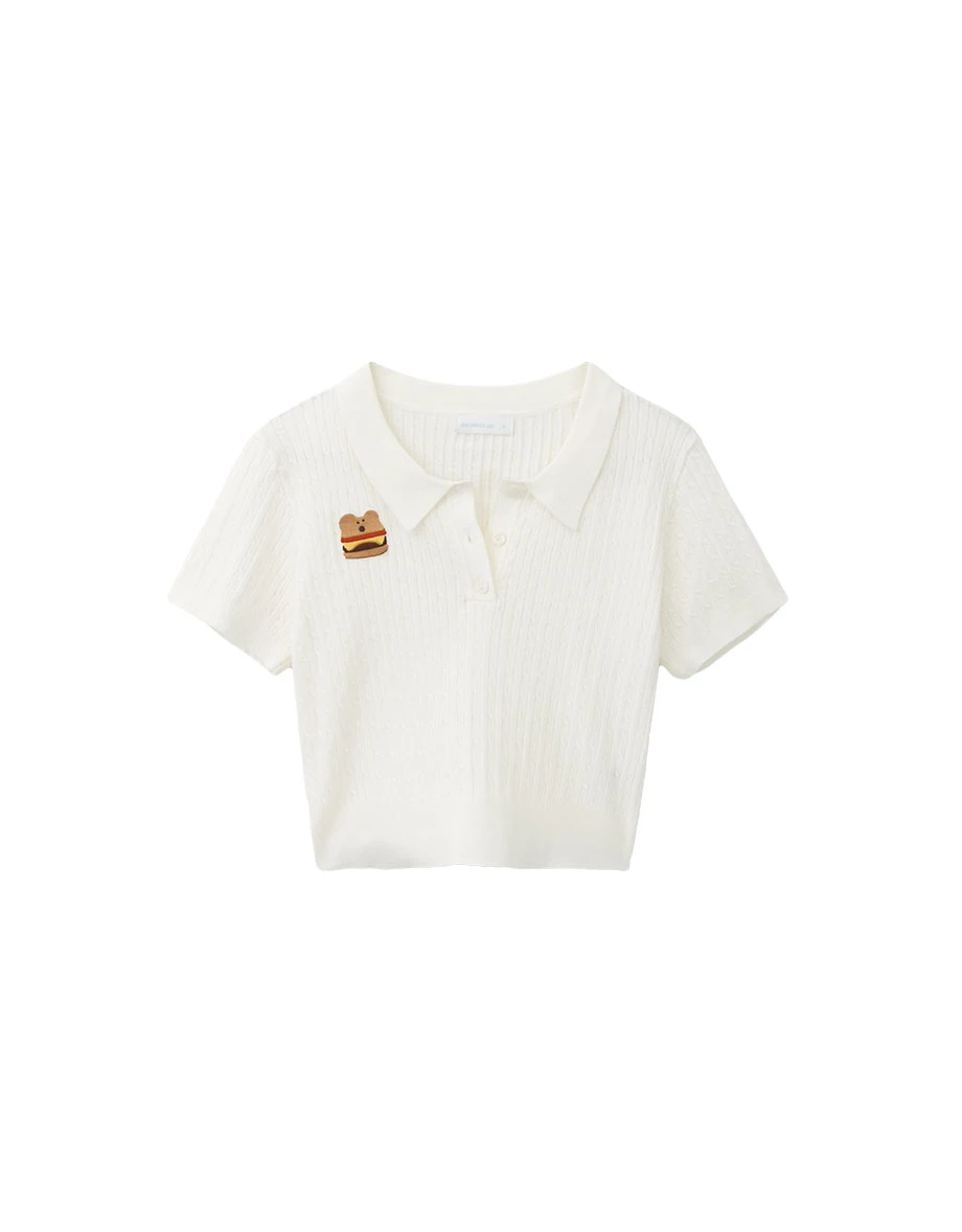 【DINOTAENG】Embroidered Cable Knit Cropped Polo Shirt