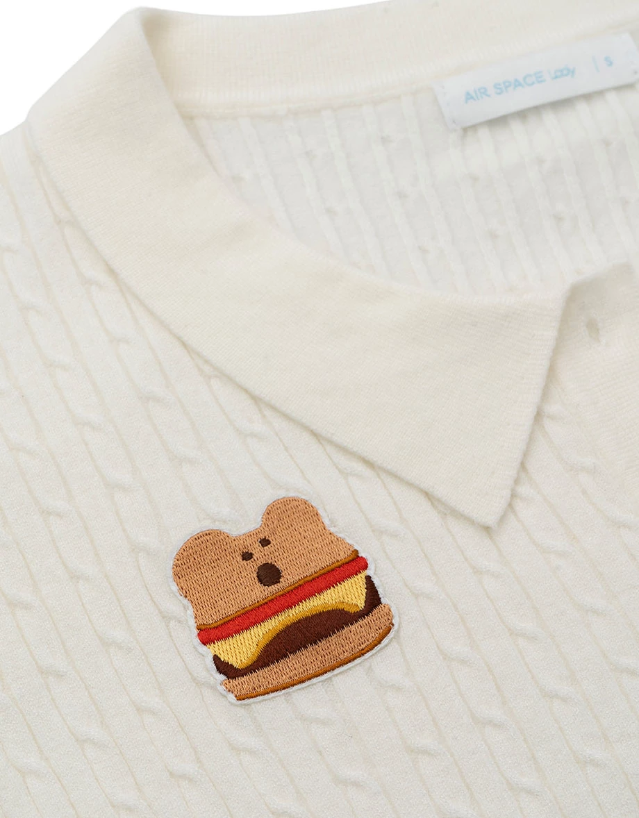 【DINOTAENG】Embroidered Cable Knit Cropped Polo Shirt