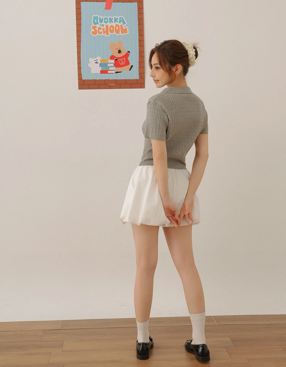 【DINOTAENG】Embroidered Cable Knit Cropped Polo Shirt