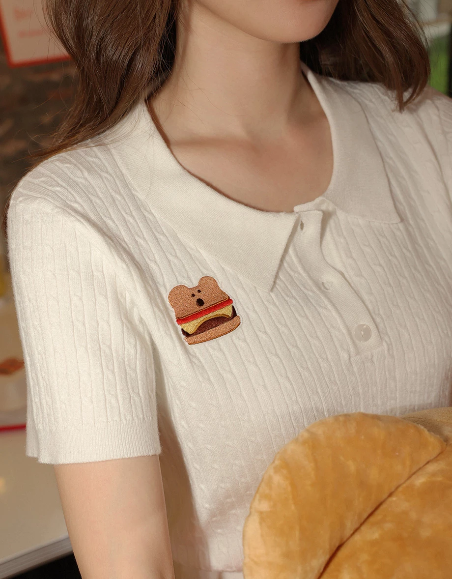 【DINOTAENG】Embroidered Cable Knit Cropped Polo Shirt