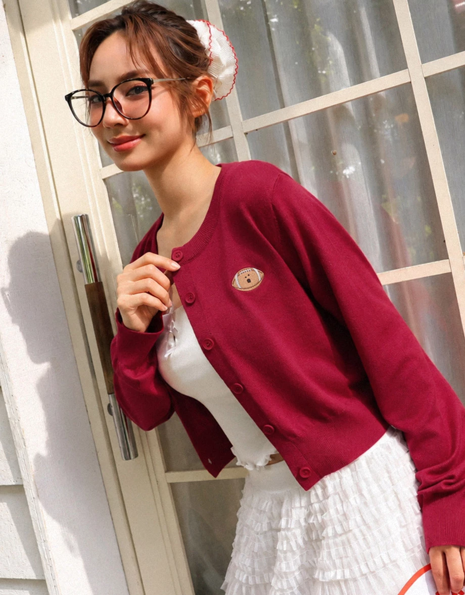 【DINOTAENG】Embroidered Long Sleeve Cropped Knit Cardigan