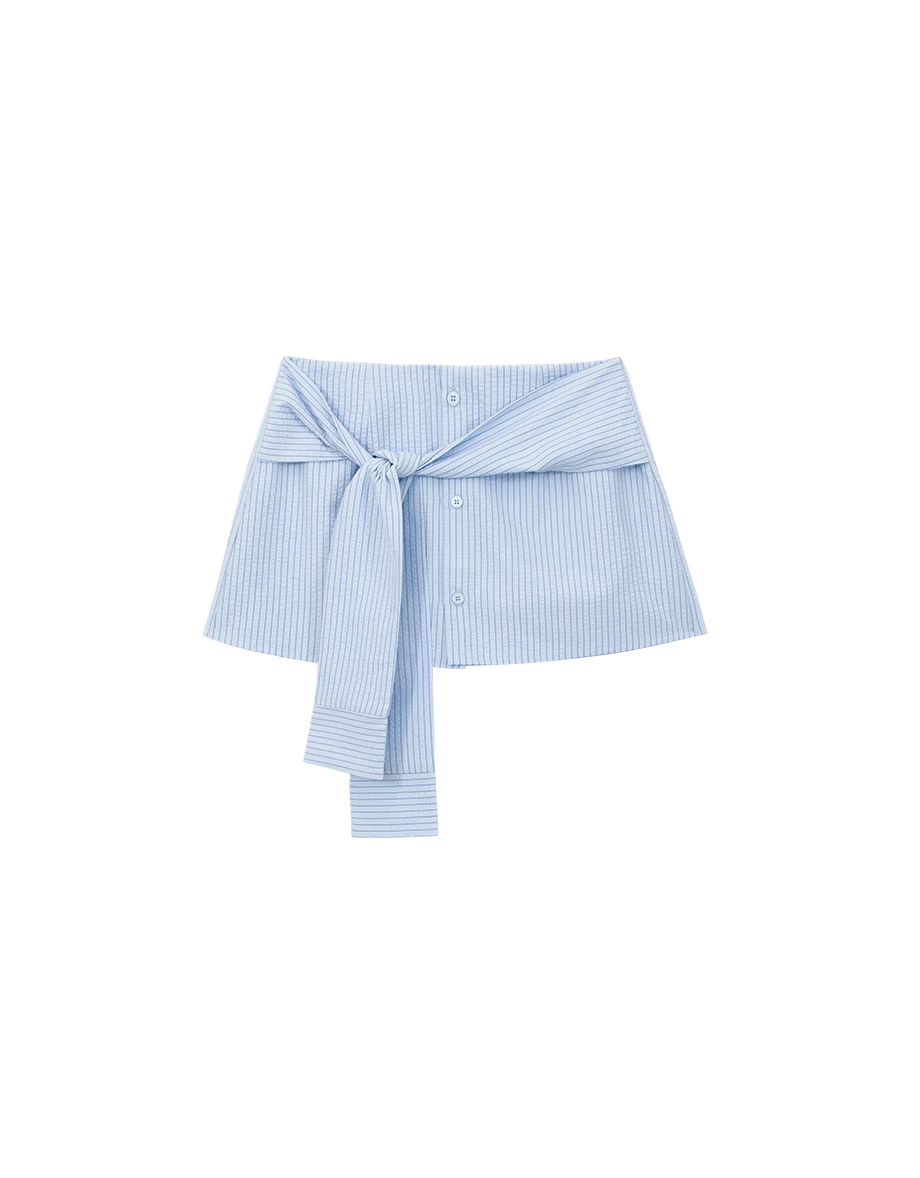Pinstripe Faux Sleeve Waist Tie Mini Skort