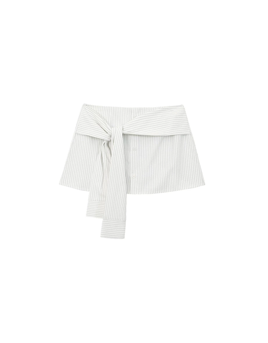 Pinstripe Faux Sleeve Waist Tie Mini Skort