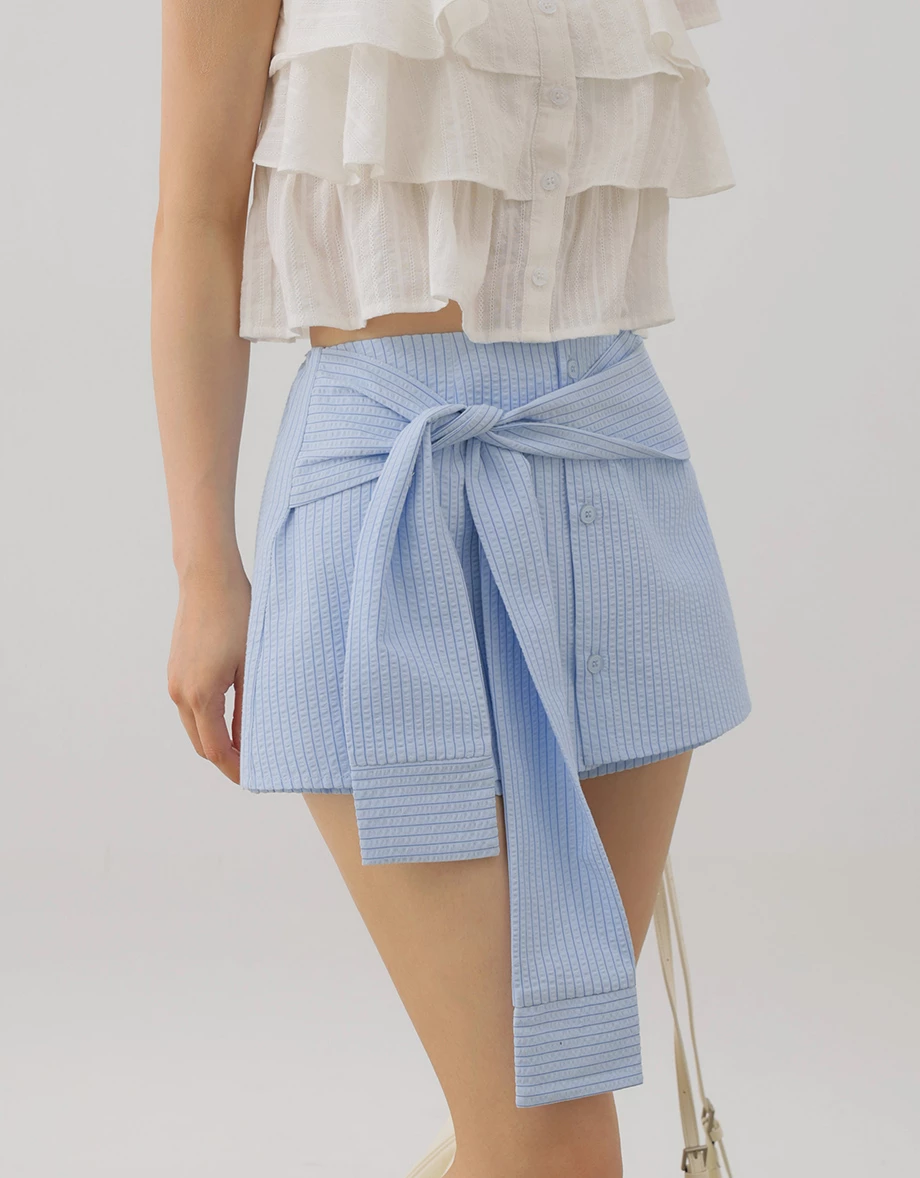 Pinstripe Faux Sleeve Waist Tie Mini Skort
