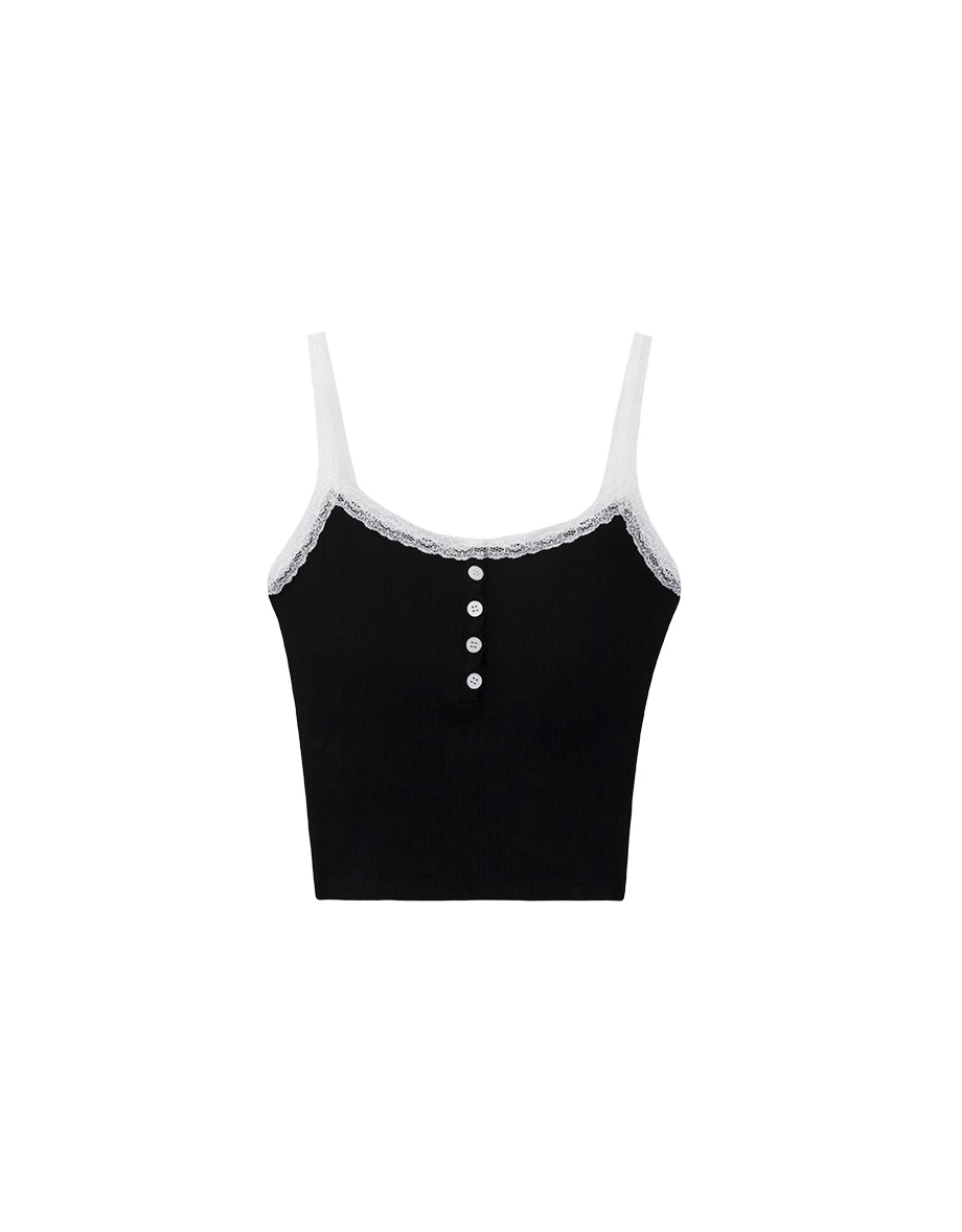 Contrast Lace Trim Henley Button Padded Cami Bra Top