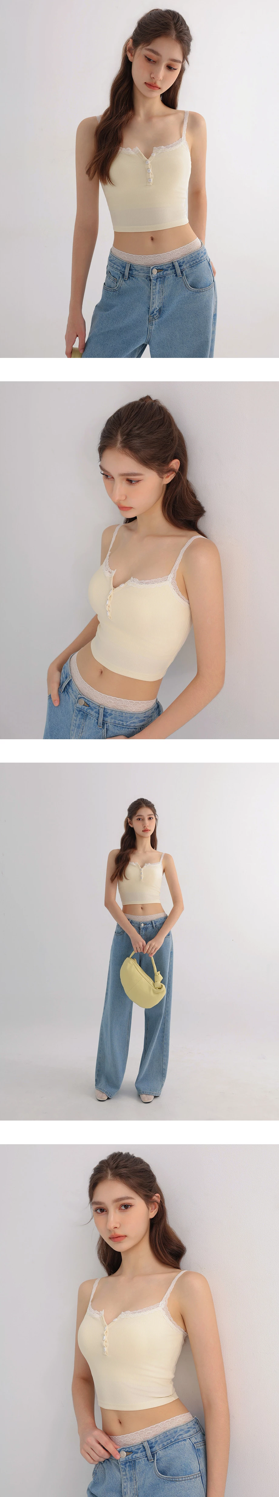 Contrast Lace Trim Henley Button Padded Cami Bra Top