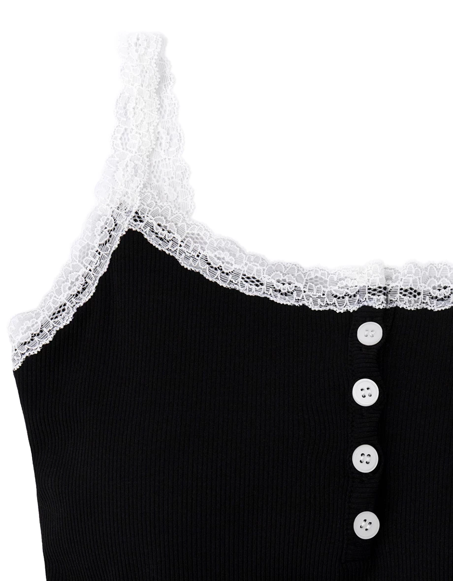 Contrast Lace Trim Henley Button Padded Cami Bra Top