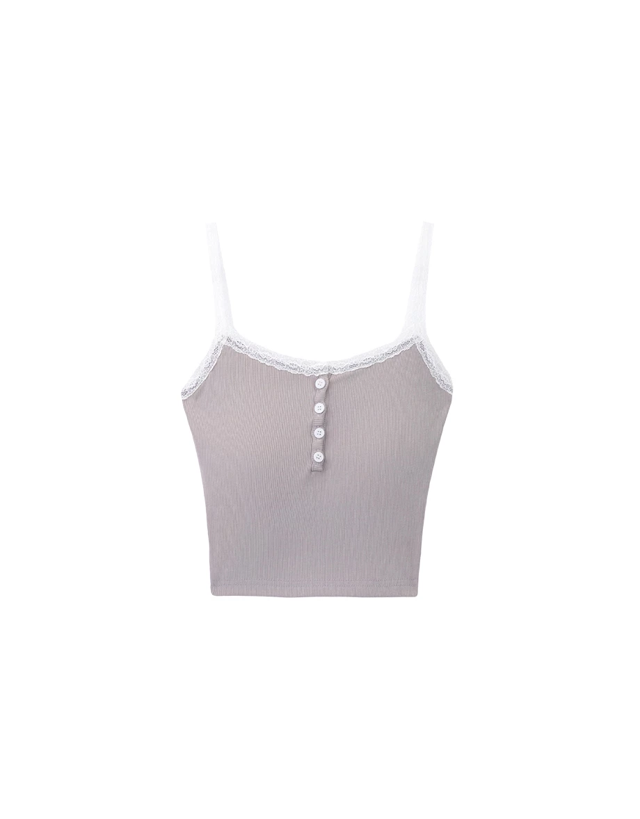 Contrast Lace Trim Henley Button Padded Cami Bra Top Contrast Lace Trim Henley Button Padded Cami Bra Top