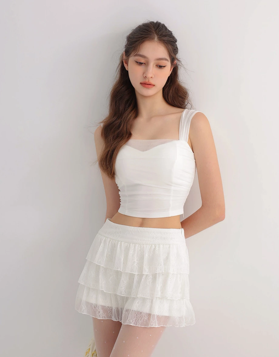 3 Way Wide Strap Ruched Sheer Mesh Padded Bra Top