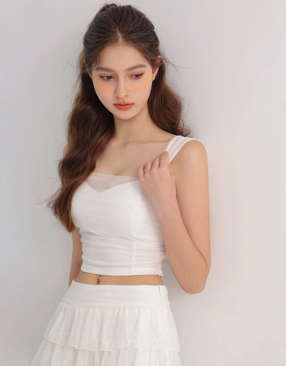 3 Way Wide Strap Ruched Sheer Mesh Padded Bra Top 3 Way Wide Strap Ruched Sheer Mesh Padded Bra Top