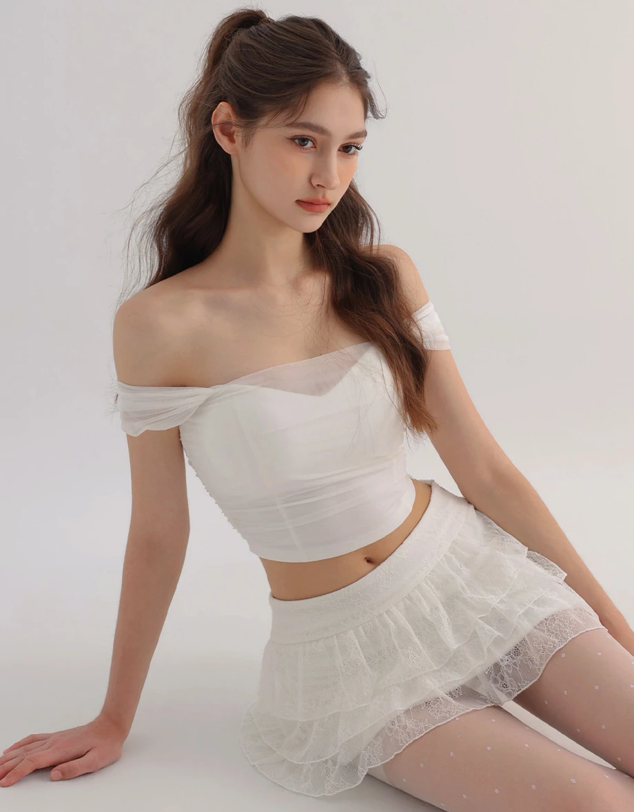 3 Way Wide Strap Ruched Sheer Mesh Padded Bra Top