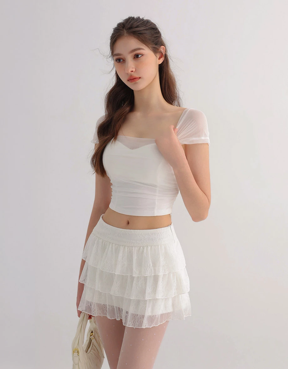 3 Way Wide Strap Ruched Sheer Mesh Padded Bra Top