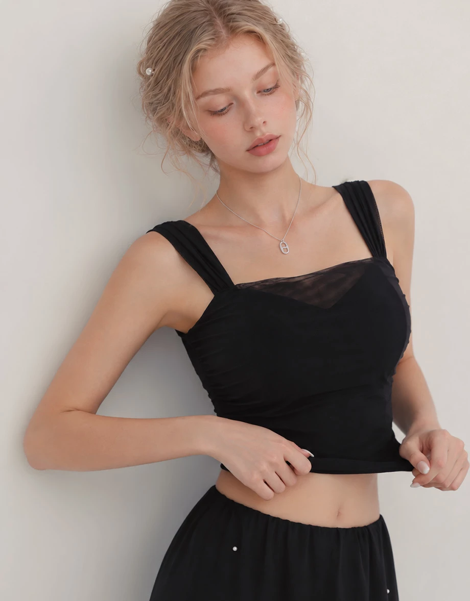 3 Way Wide Strap Ruched Sheer Mesh Padded Bra Top