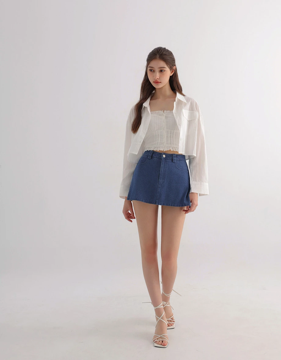 Double Pocket Sheer Embroidered Stripe Cropped Shirt Blouse Double Pocket Sheer Embroidered Stripe Cropped Shirt Blouse