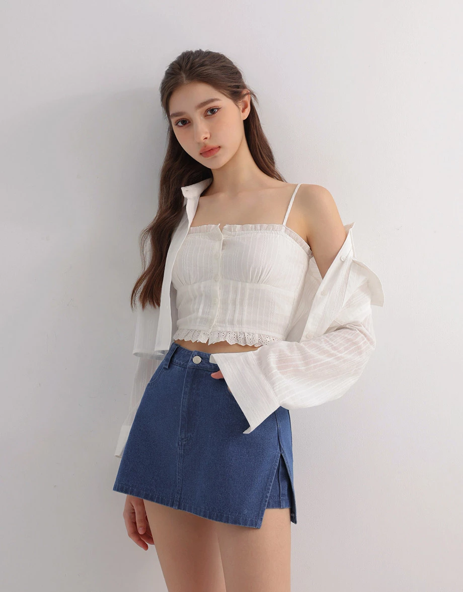 Double Pocket Sheer Embroidered Stripe Cropped Shirt Blouse Double Pocket Sheer Embroidered Stripe Cropped Shirt Blouse