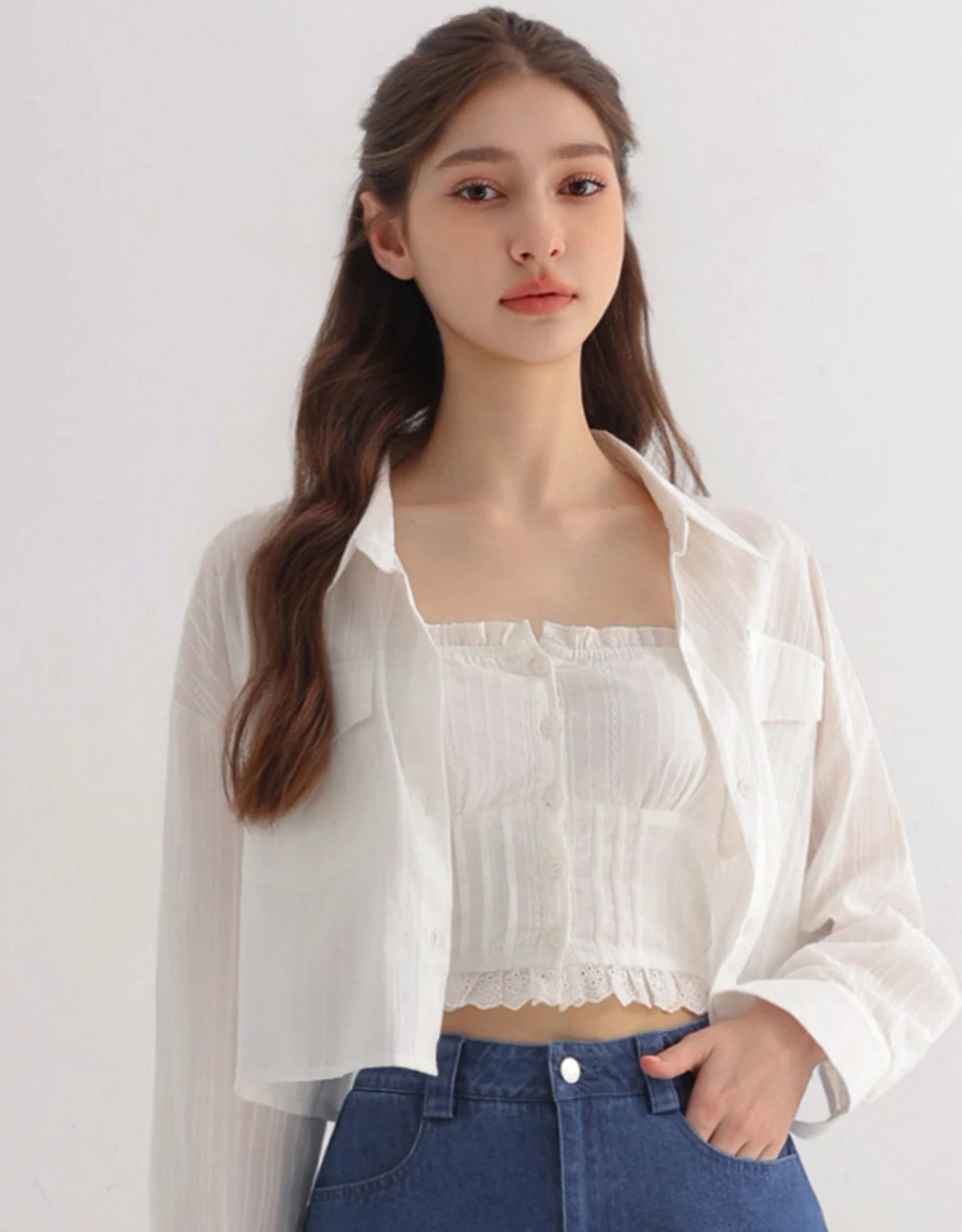 Double Pocket Sheer Embroidered Stripe Cropped Shirt Blouse Double Pocket Sheer Embroidered Stripe Cropped Shirt Blouse