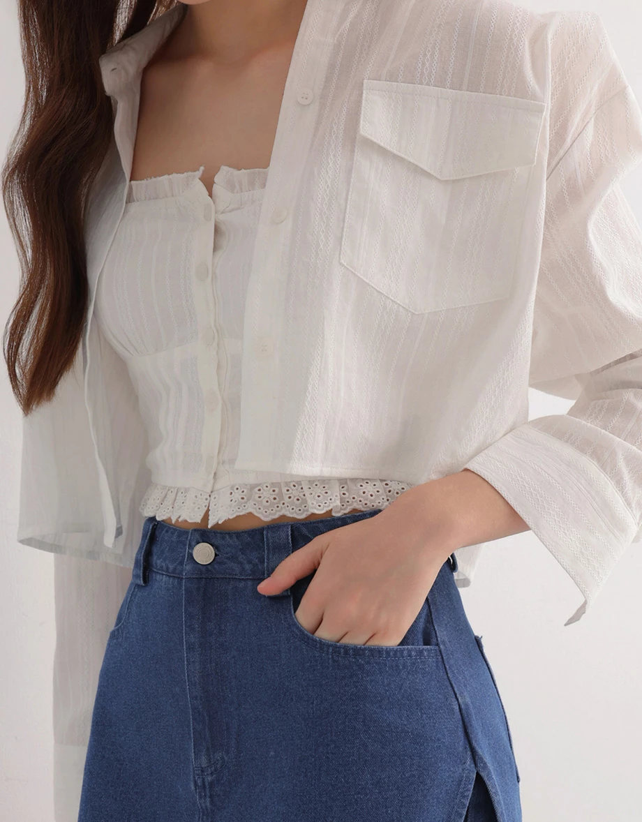 Double Pocket Sheer Embroidered Stripe Cropped Shirt Blouse Double Pocket Sheer Embroidered Stripe Cropped Shirt Blouse