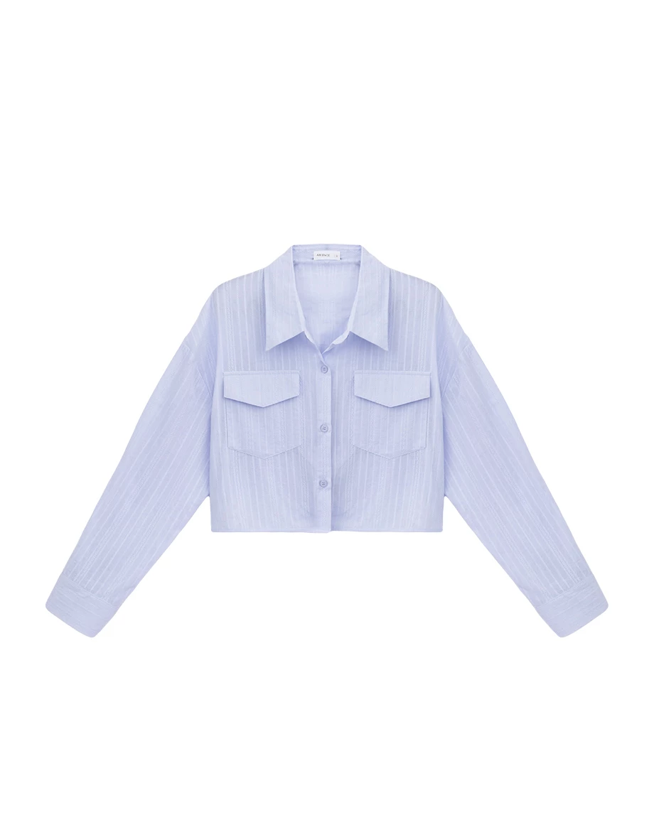 Double Pocket Sheer Embroidered Stripe Cropped Shirt Blouse Double Pocket Sheer Embroidered Stripe Cropped Shirt Blouse