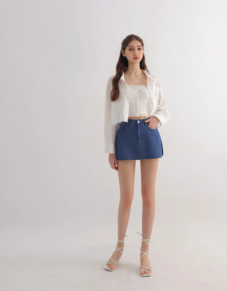 Double Pocket Sheer Embroidered Stripe Cropped Shirt Blouse Double Pocket Sheer Embroidered Stripe Cropped Shirt Blouse