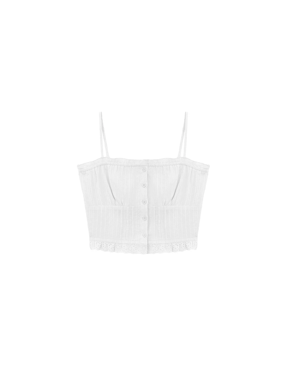 Eyelet Lace Hem Button Front Shirred Back Corset Cami Bra Top