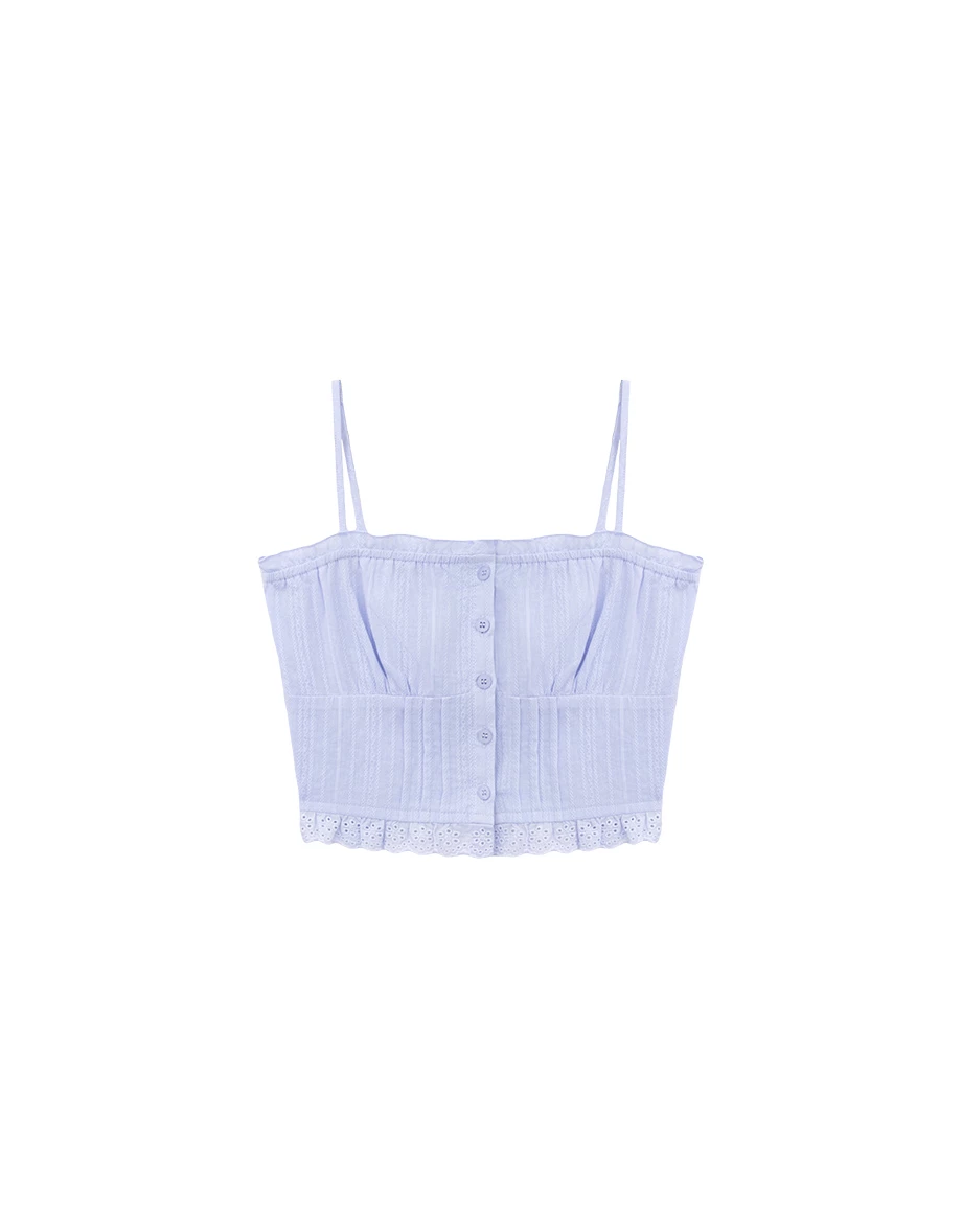 Eyelet Lace Hem Button Front Shirred Back Corset Cami Bra Top