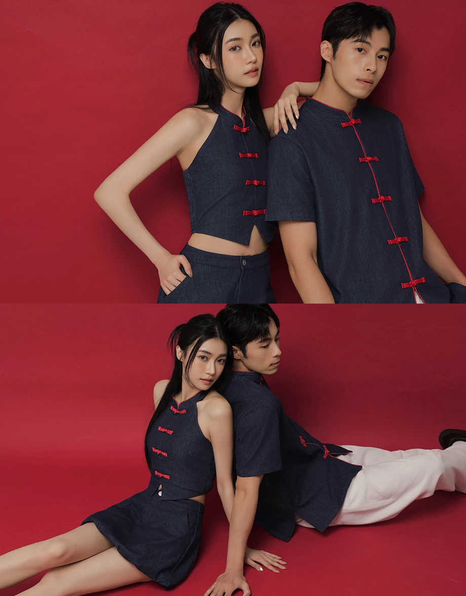 Men’s CNY Mandarin SHIRT Chinese Style Denim With Contract Red Trimming ( Matching Couple Outfit for Qipao Cheongsam) Men’s CNY Mandarin SHIRT Chinese Style Denim With Contract Red Trimming ( Matching Couple Outfit for Qipao Cheongsam)