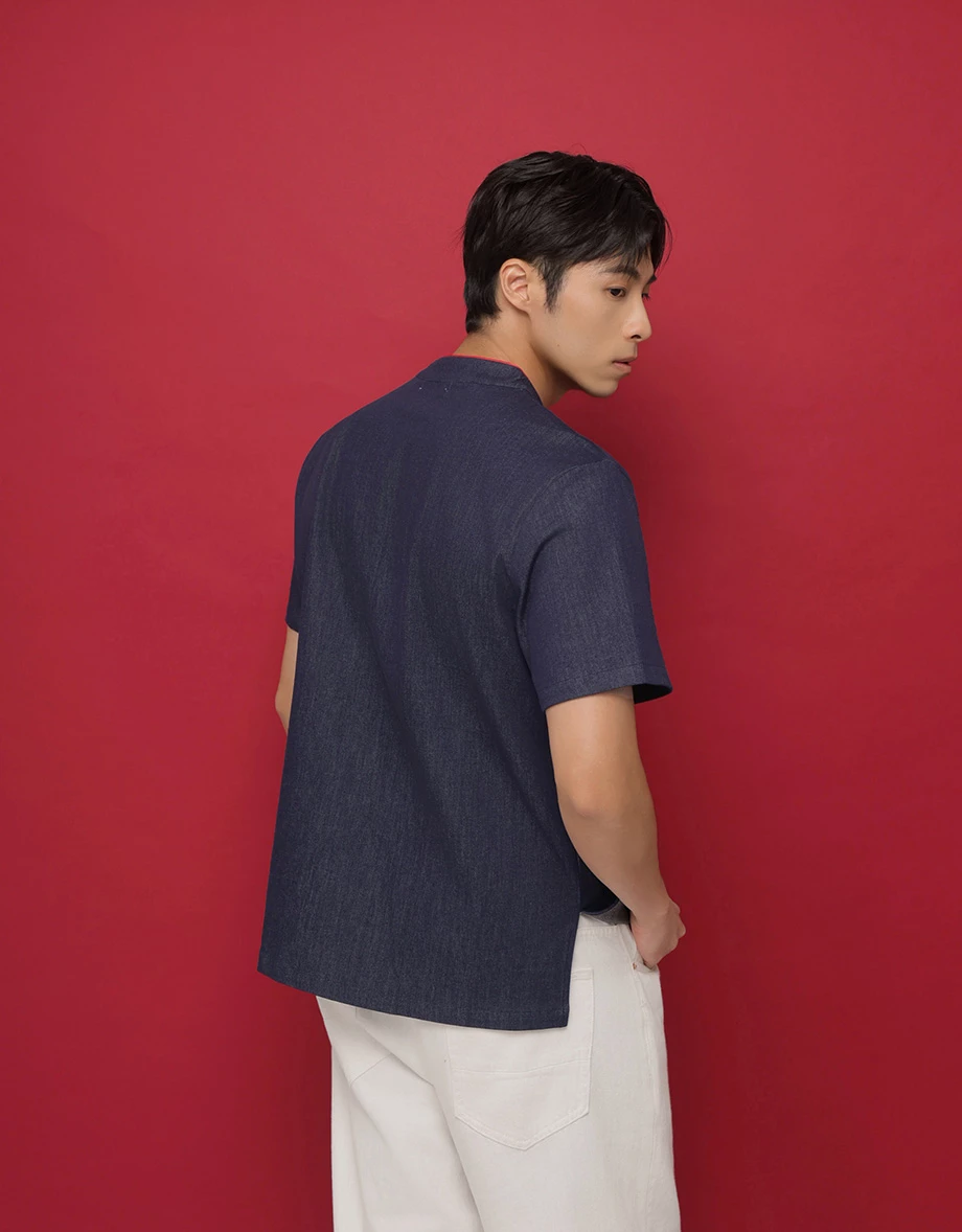 Men’s CNY Mandarin SHIRT Chinese Style Denim With Contract Red Trimming ( Matching Couple Outfit for Qipao Cheongsam) Men’s CNY Mandarin SHIRT Chinese Style Denim With Contract Red Trimming ( Matching Couple Outfit for Qipao Cheongsam)