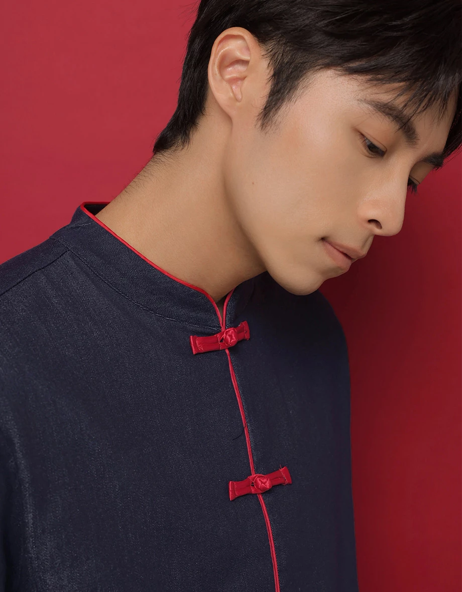 Men’s CNY Mandarin SHIRT Chinese Style Denim With Contract Red Trimming ( Matching Couple Outfit for Qipao Cheongsam) Men’s CNY Mandarin SHIRT Chinese Style Denim With Contract Red Trimming ( Matching Couple Outfit for Qipao Cheongsam)