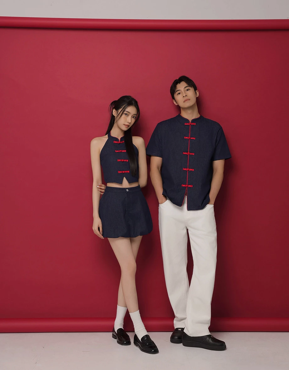 CNY Womens Qipao TOP Halter Contrast Red Trim Dark Blue Jeans Denim Cheongsam Chinese Knot ( Can Be Matched As Couple Look)