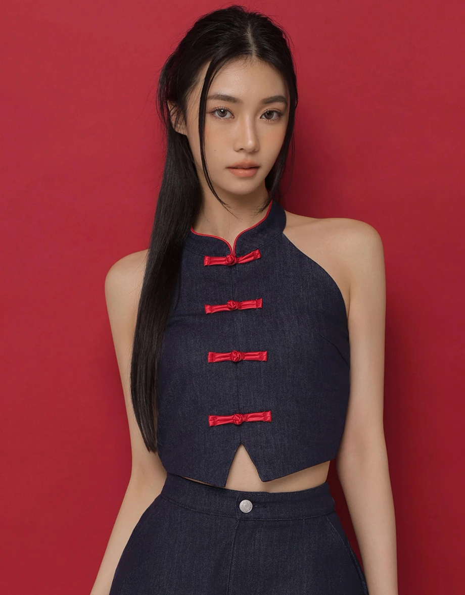 CNY Womens Qipao TOP Halter Contrast Red Trim Dark Blue Jeans Denim Cheongsam Chinese Knot ( Can Be Matched As Couple Look)